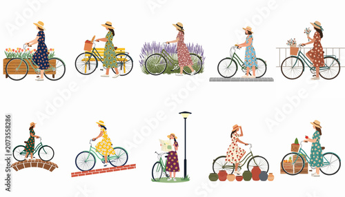 Set of flat vector illustrations showing young women in floral dresses with vintage bicycles in various summer scenarios such as gardens and parks.