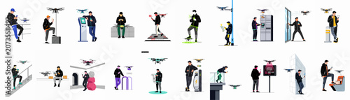 Collection of modern flat vector illustrations depicting various urban scenarios where people interact with drone delivery services using smartphones and smart technology.
