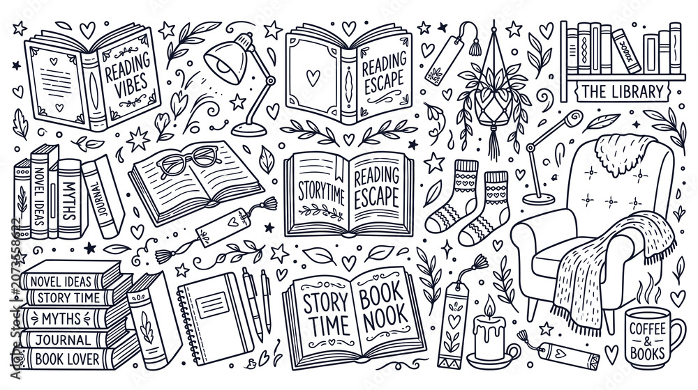 Obraz premium Cozy reading nook with books and armchair doodle.