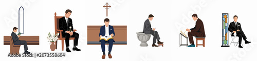 Fotografie Set of illustrations depicting men in formal suits engaged in various religious and solemn activities within a church setting, including prayer and mourning