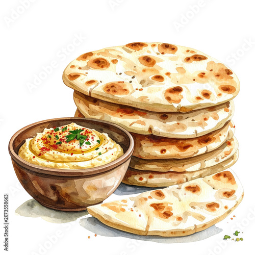Watercolor illustration of a hummus bowl with a stack of pita bread