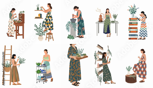 Collection of flat vector illustrations depicting women practicing herbalism, aromatherapy, and natural medicine with plants, essential oils, and apothecary tools.