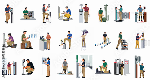 Professional technicians and security personnel performing installation, maintenance, and operation of advanced security and access control systems in various environments.