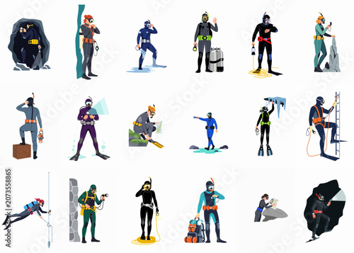 Foto Set of diverse scuba divers in various underwater exploration scenarios, featuring technical gear, cave diving, and equipment illustrations on white background