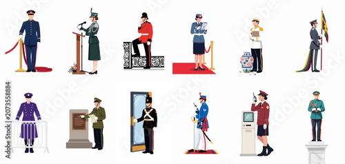 Fotografie Collection of flat vector illustrations featuring people in diverse ceremonial uniforms, guards, and service personnel performing various duties on a white background
