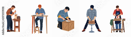 Flat vector illustration set of diverse male woodworkers and artisans engaged in various woodcarving, engraving, and woodworking crafts on a white background.