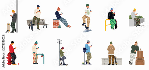 Quadro su tela Collection of male skater characters in trendy streetwear clothes using phones a