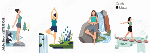 Vector illustration set of women practicing yoga, meditation, and mindfulness in nature near waterfalls for wellness and mental health.