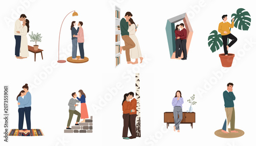 Flat illustration collection of diverse romantic couples and individuals in various domestic scenes showing love, affection, and everyday life moments.