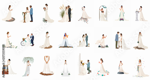 Collection of wedding illustrations showcasing brides and grooms in various romantic settings, ceremonial moments, and themed celebrations for invitations and decor.