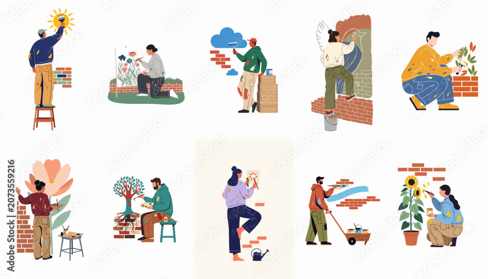 Fototapeta premium Collection of diverse artists painting creative murals on brick walls with brushes and rollers, showcasing artistic expression and street art illustration.