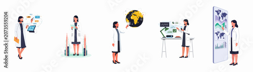 Set of illustrations showing female scientists and researchers working with advanced technology, global data analysis, and futuristic digital interfaces.
