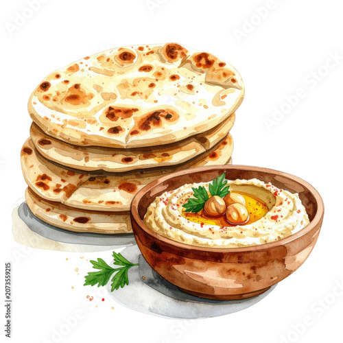 Watercolor illustration of a hummus bowl with parsley and pita bread
