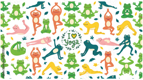 Fotografie Yoga frog pattern seamless background with cute frogs in various meditative fitness poses