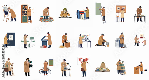Comprehensive collection of illustrations depicting a detective investigating intellectual property, copyright infringement, and art authenticity in various professional settings.
