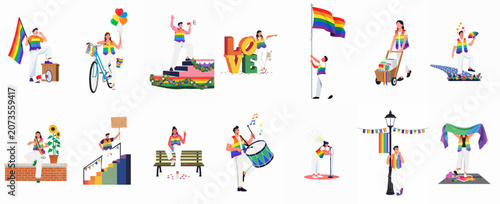 A collection of diverse people celebrating LGBTQ+ pride through various activities like parades, music, and protests, featuring rainbow flags and symbols.