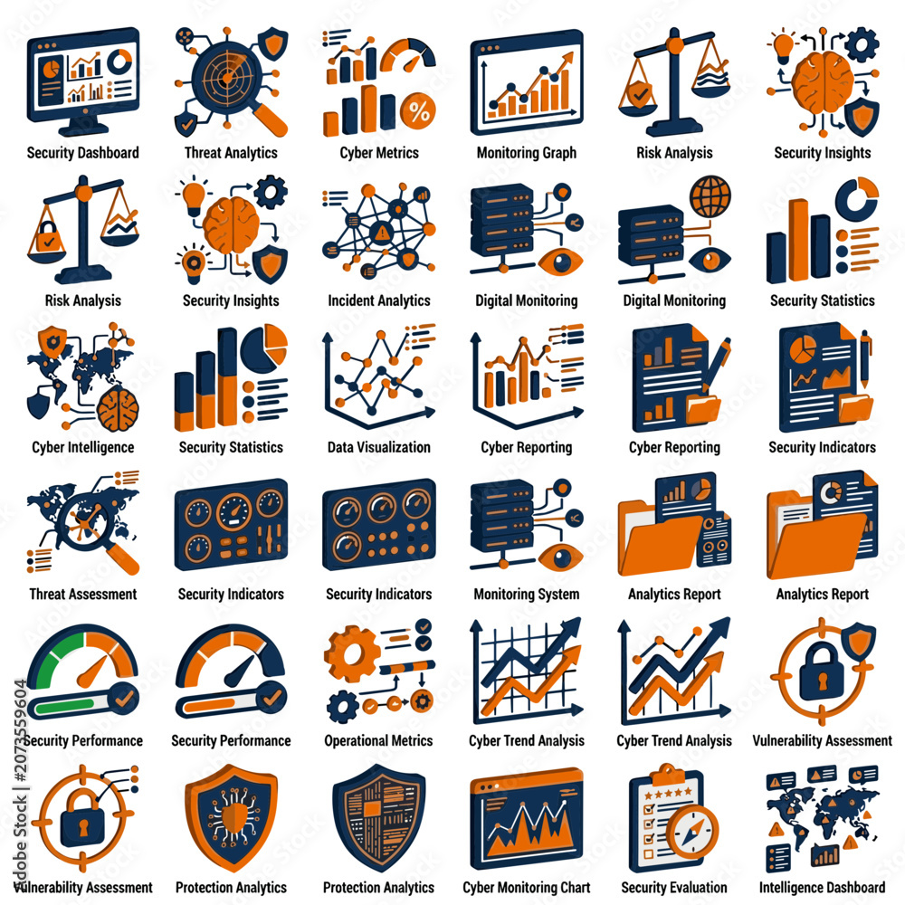 Fototapeta premium Cybersecurity and Data Analytics Icons: Security, Monitoring, and Threat Intelligence