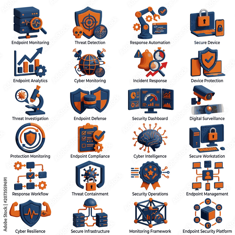 Fototapeta premium Cybersecurity Icons: Data Protection, Threat Detection, Network Security, Digital Defense