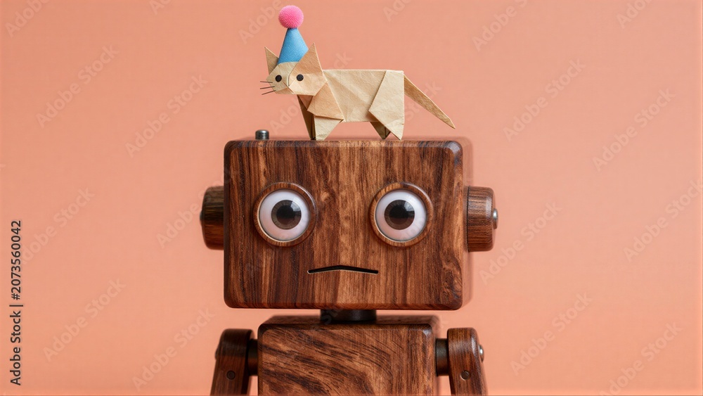 Fototapeta premium Wooden robot with paper cat on head, both wearing festive hats.