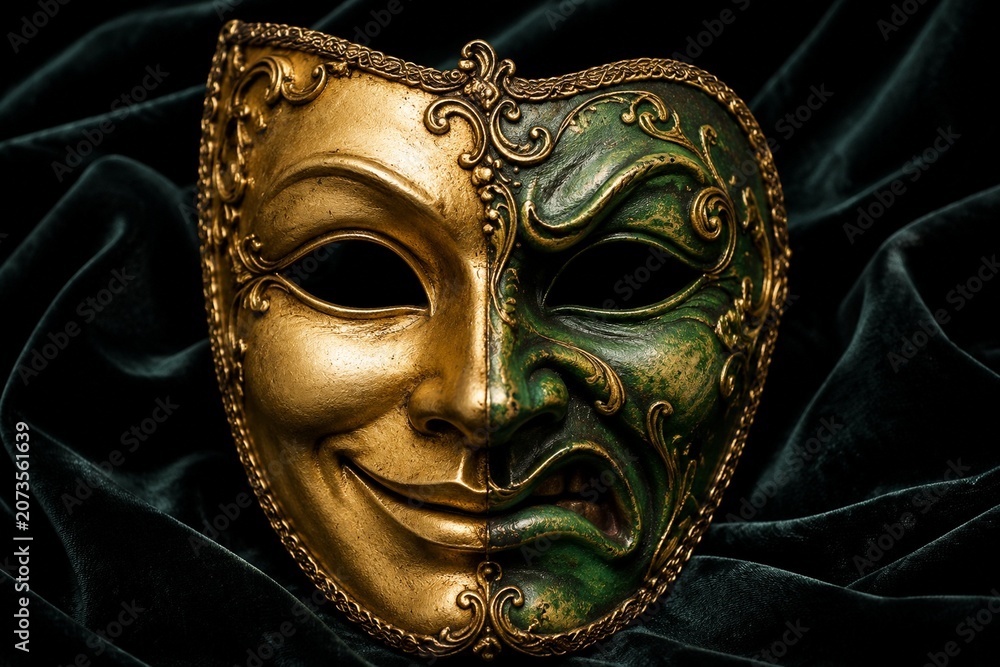 Fototapeta premium Ornate mask with gold smiling half and green sneering half on dark velvet.