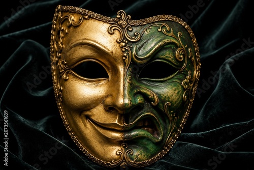 Ornate mask with gold smiling half and green sneering half on dark velvet.