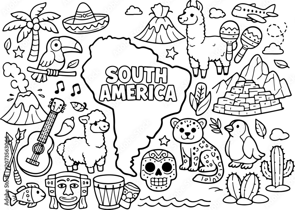 Fototapeta premium south america continent cartoon outline hand drawn Line Art illustration doodle art coloring page for kids