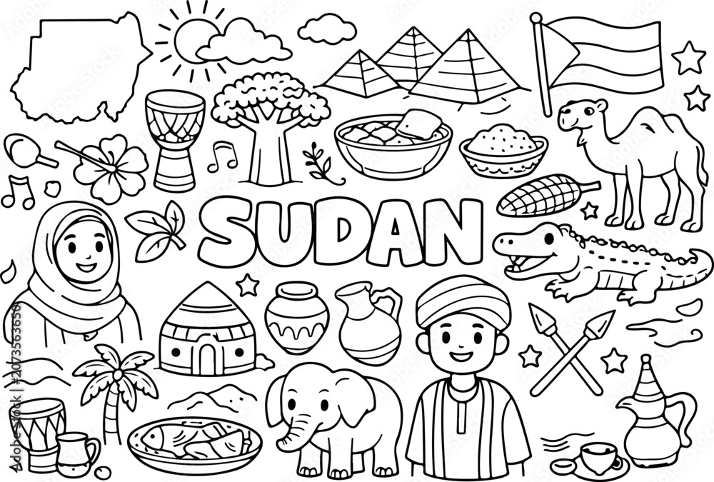Fototapeta premium sudan landmarks cartoon outline hand drawn Line Art illustration doodle art coloring page for kids