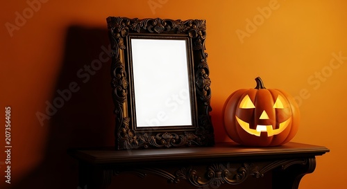 Halloween pumpkin with blank picture frame mockup and glowing jack o lantern on vintage wooden table