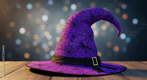 Witch hat in purple color with spiderweb pattern on wooden table with bokeh light background