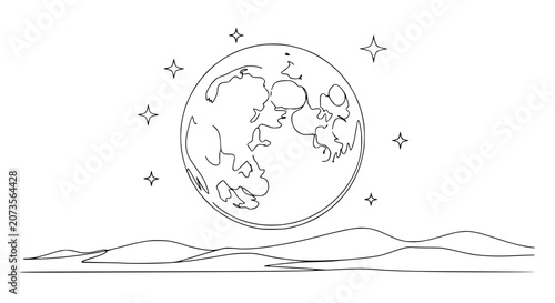 Photos Minimalist line art of a full moon over rolling hills under a starry night sky