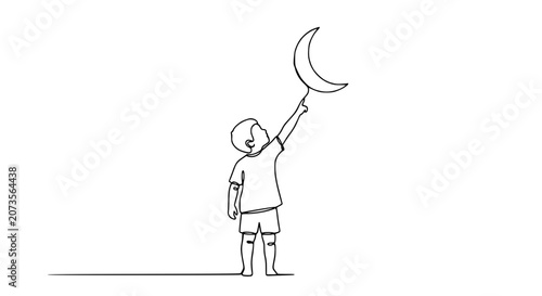 Foto Child reaching for moon balloon, single line drawing, dream, imagination, childh