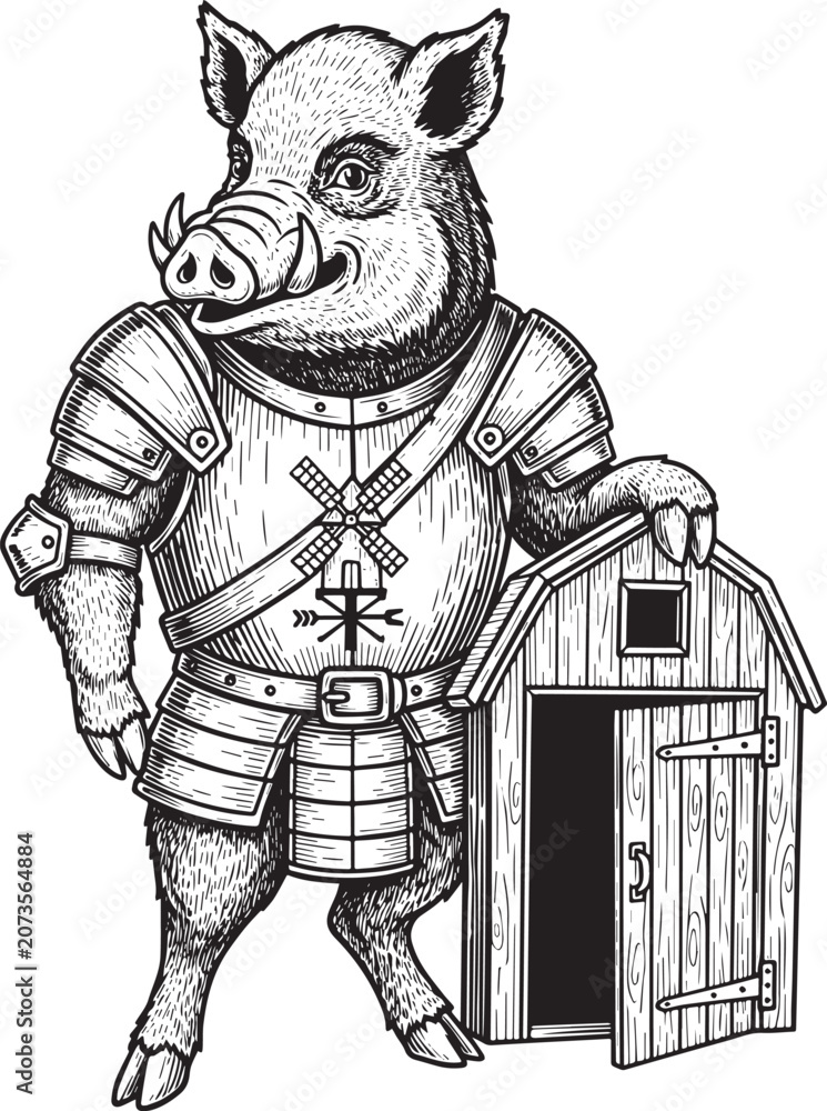 Obraz premium Engraved illustration of boar warrior in armor with barn, vintag