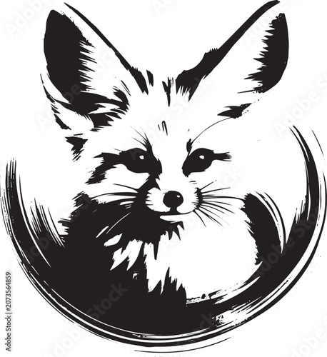 Elegant fennec fox portrait in minimalist sumi-e ink brush style