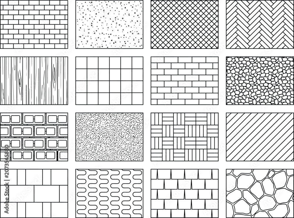 Fototapeta premium CAD hatch pattern library, seamless architectural material texture swatches with brick, concrete, wood, stone, tile and paving fills for floor plans, blueprint drafting and technical drawings