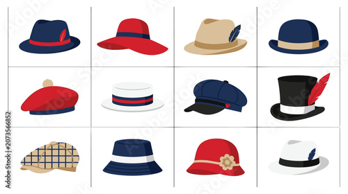 Tableau sur toile Collection of various stylish hats for men and women colorful fashion accessories set art