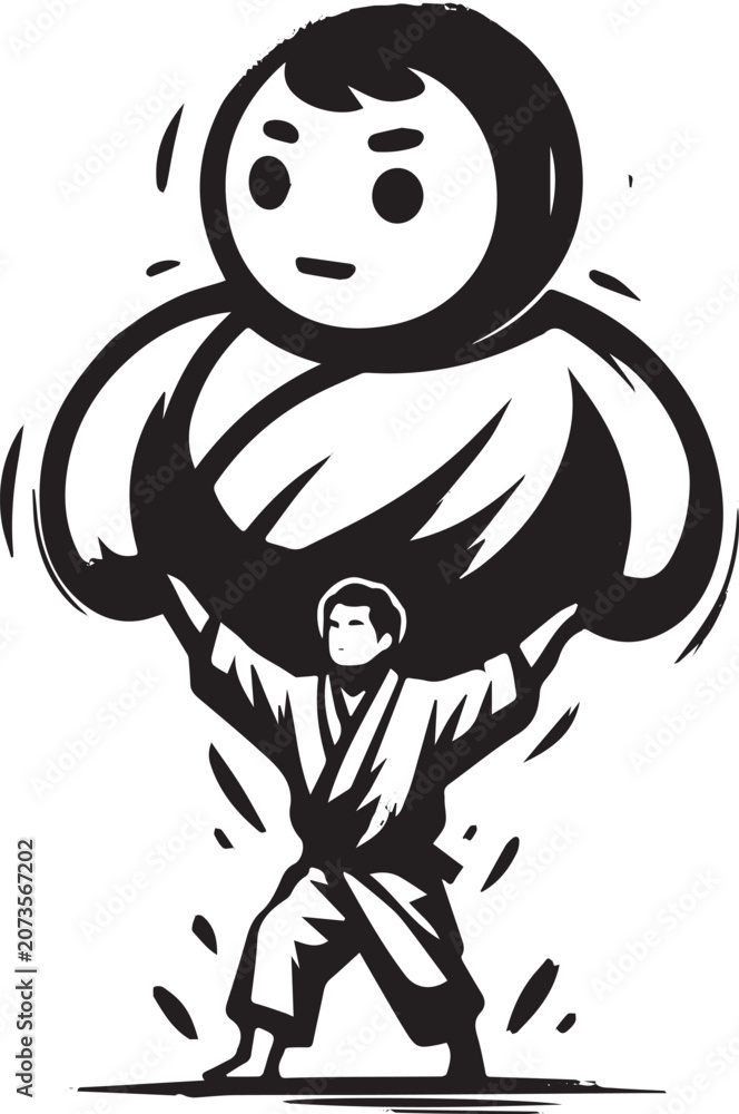 Obraz premium Monochrome sumi-e illustration of a man lifting a giant mascot f