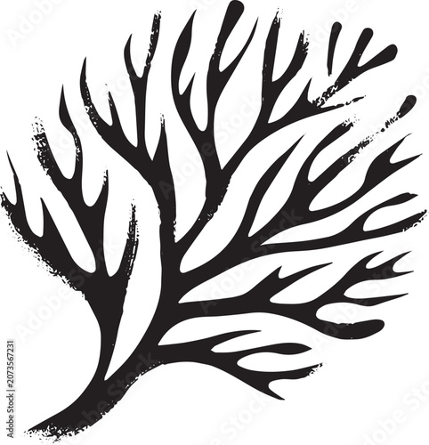 Elegant Coral Leaf Depiction in Minimalist Sumi-e Style Illustra