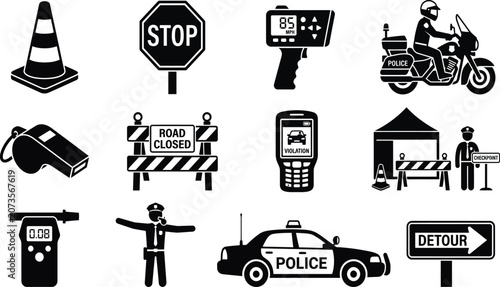 Tableau sur toile Comprehensive Traffic Police and Road Safety Icon Set Featuring Police Car, Motorcycle, Radar Gun, Stop Sign, Breathalyzer, Road Closed Barrier, and Law Enforcement Symbols for Safety