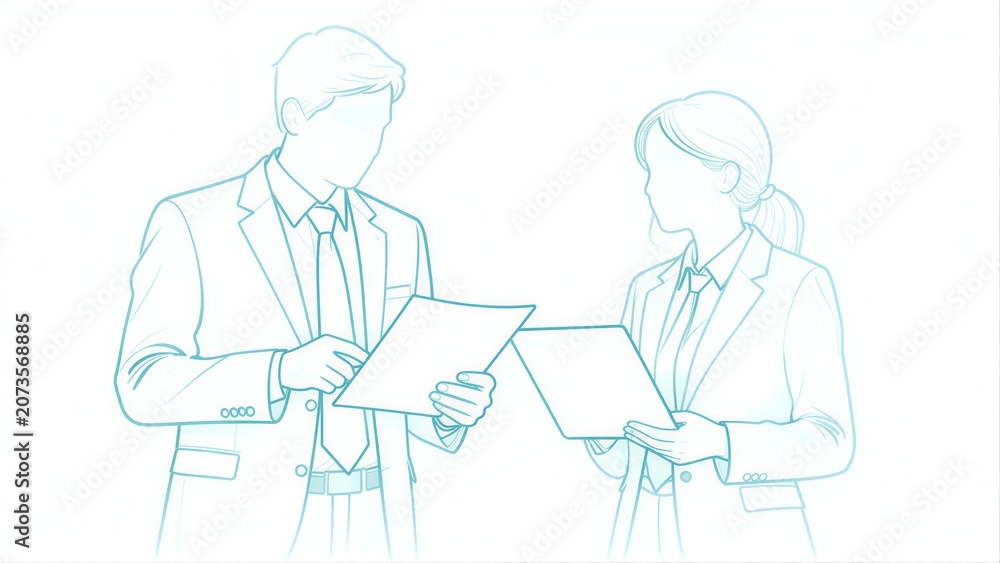 Fototapeta premium Two professionals in suits discuss documents, illustrated with clean blue lines.
