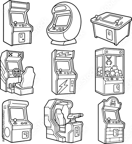 Outline set of arcade machines claw crane and racing game cabinets