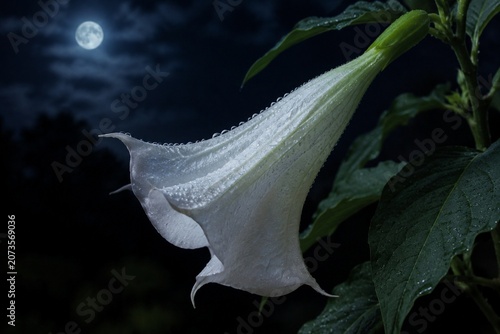 White datura flower blooming at night under moonlight.