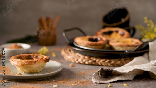 Portuguese egg custard tart on a plate with cinnamon