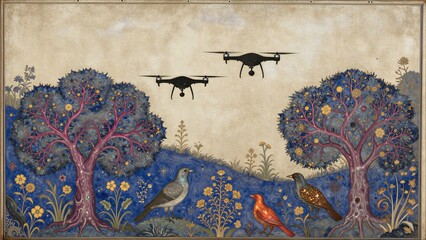 Drones hover above vibrant, stylized trees with birds perched below in a colorful garden.