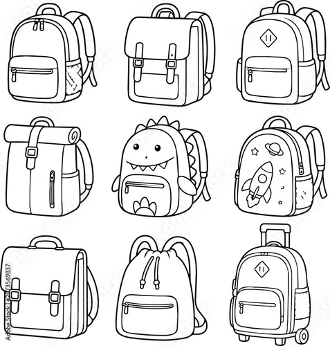 Outline set of school and travel backpacks including dinosaur and rocket bags