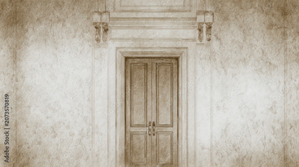Fototapeta premium Antique wooden door entrance architectural detail sepia tone