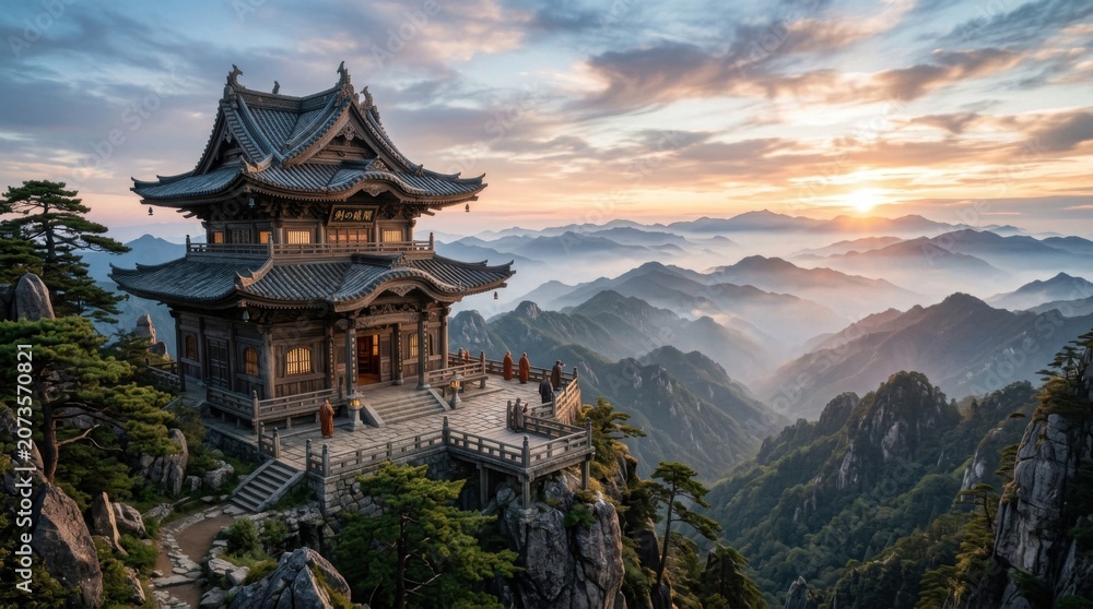 Fototapeta premium Traditional East Asian Temple on Mountain Cliff at Sunrise