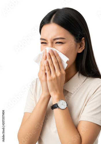 young adult east asian woman in light polo shirt, squinting, covering nose and mouth with tissue, vivid sneeze in a clinical white studio, allergy symptoms concept