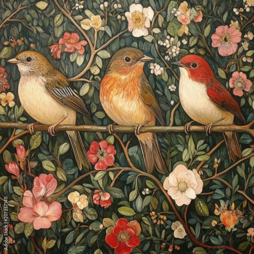 Three small birds perched on a branch with colorful flowers