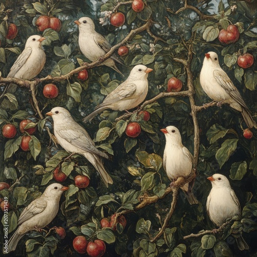 Group of small birds perched on berry branches in nature