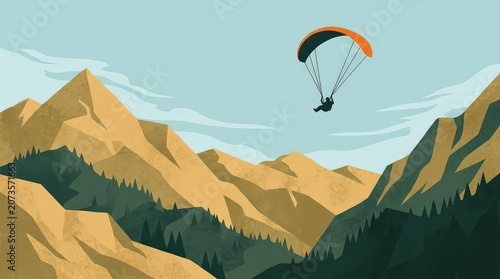 Paraglider Soaring Over Majestic Mountain Peaks and Pine Forests in a Vast, Open Sky